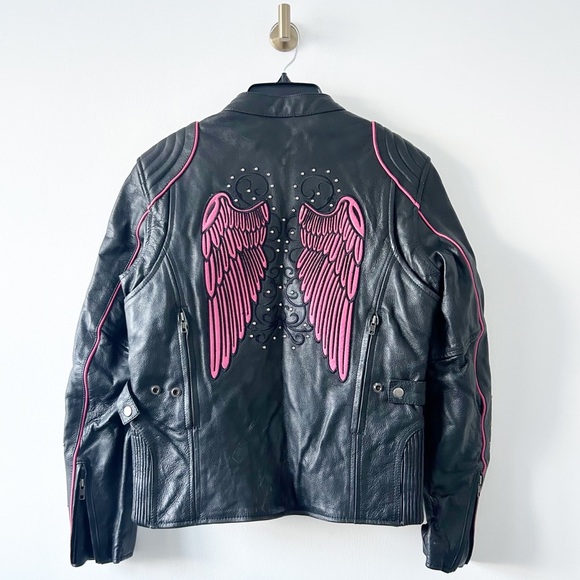 Vintage Renegade Classics Leather Hot Pink Wings Black Biker Moto Jacket Small - Picture 1 of 16